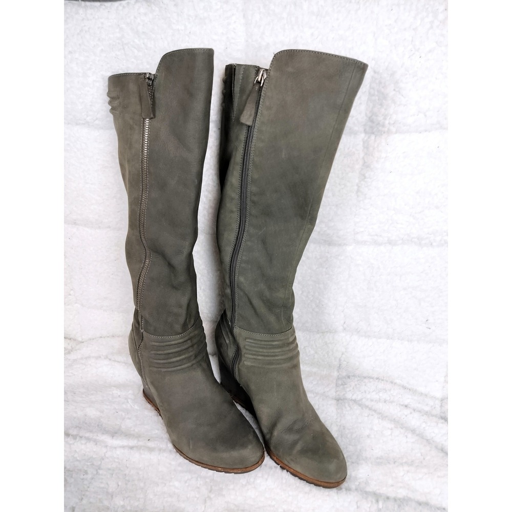 Biala Leather Ruched Wedge Knee High Boots Womens Olive Green Zip Up
